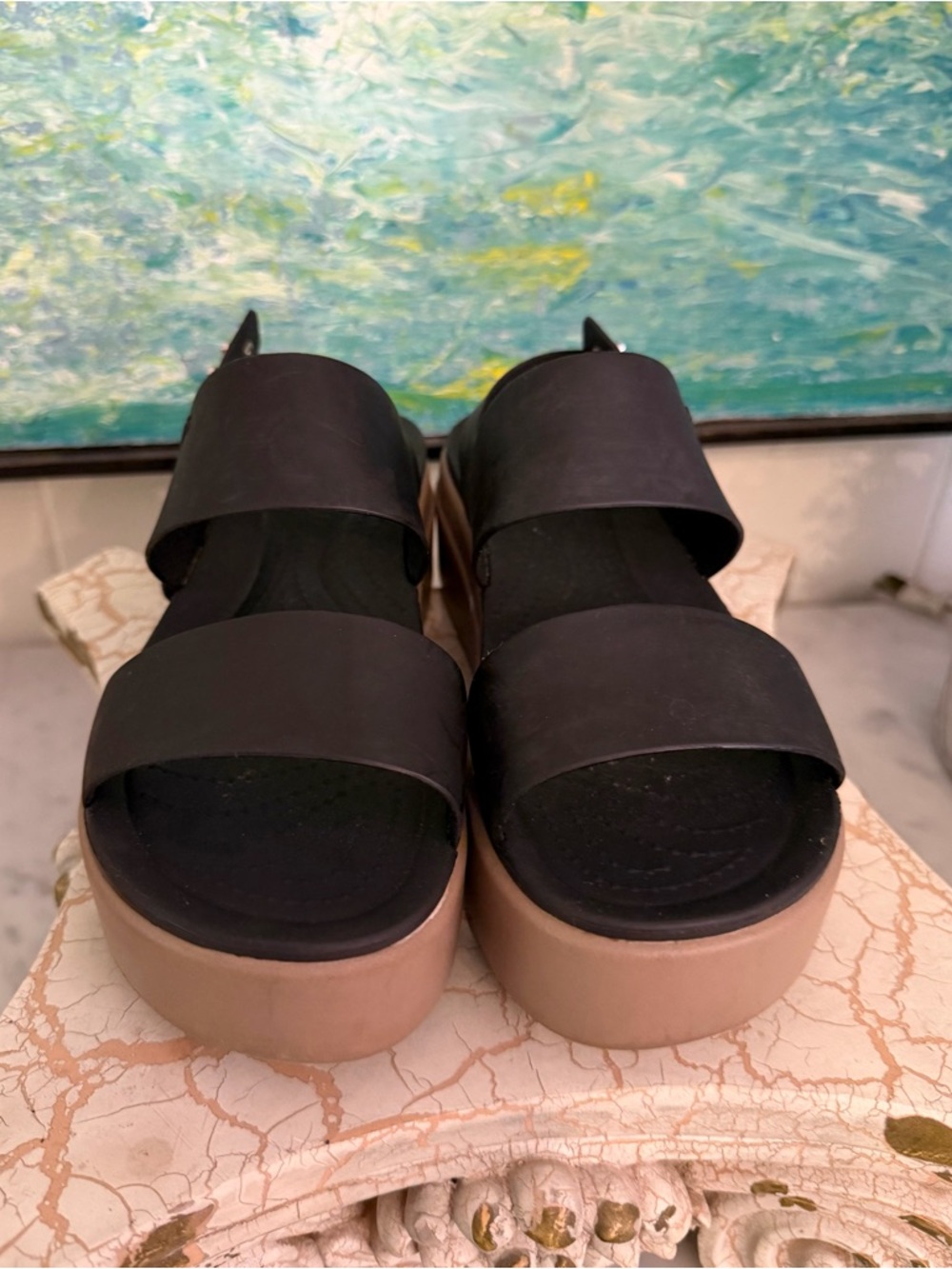 CROCS Brooklyn Women's Black Platform Sandals with Tan Sole